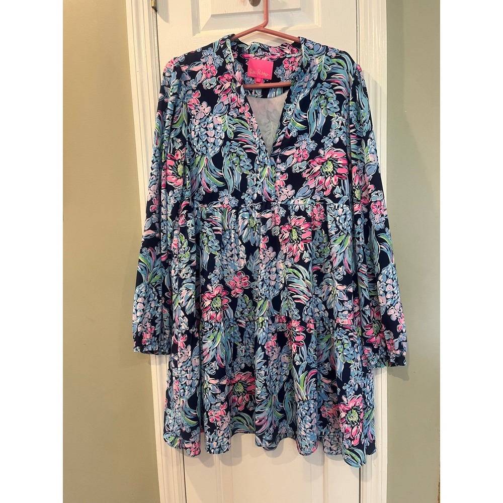Lilly Pulitzer Georgette Tiered Swing Dress Navy Blue Tropical Pineapple L b2